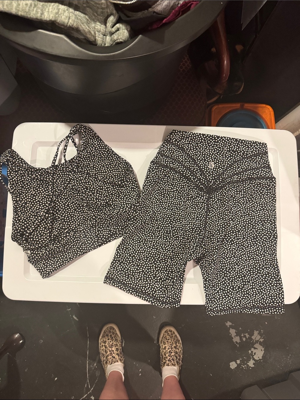 Black & White Polka Dot Athletic Set - Crop Top + High-Waist Biker Shorts